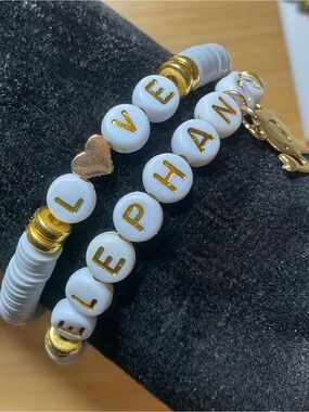 Love Elephants Light Gray and Gold Bead Bracelet Set